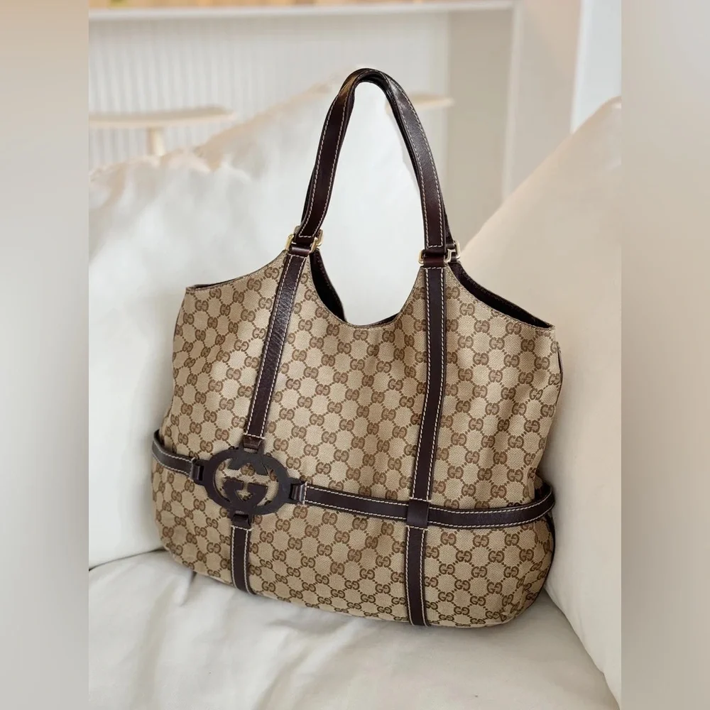 Gucci Royal Canvas Leather Hobo Tote Bag Dark Brown Monogram Timeless Designer - Picture 3 of 16